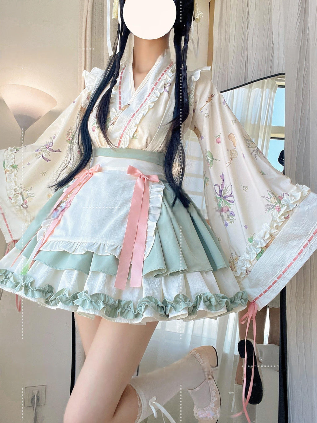 Little Herbalist - Han Lolita Skirt Outfit with Cross-collar Blouse and Apron - image 8