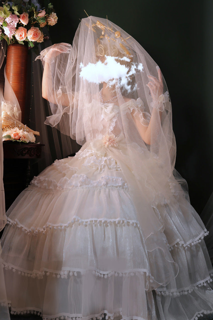 Multi-Layered Ruffled Bride Bow Pearl-Decorated Sweet Lolita JSK Dress Full Set 2 Versions - image 11