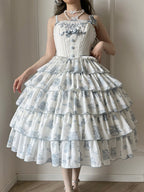 Blue and White Floral Print Lolita JSK with Bow Details - image 14