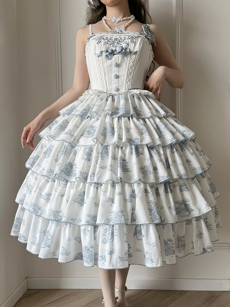 Blue and White Floral Print Lolita JSK with Bow Details - image 14
