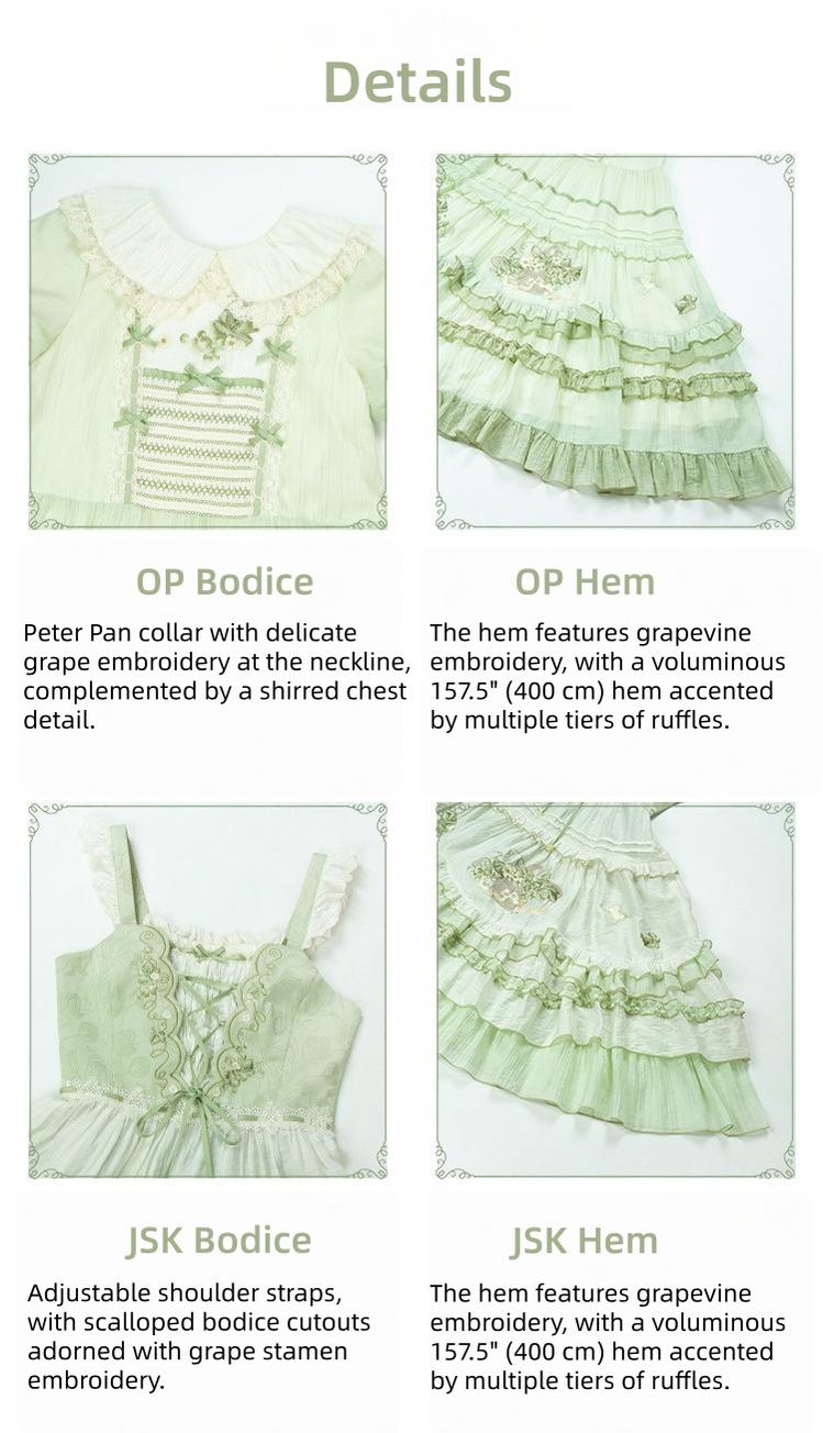 Green Grape - Embroidered Country Lolita OP Dress, Tiered JSK and Accessories - image 7