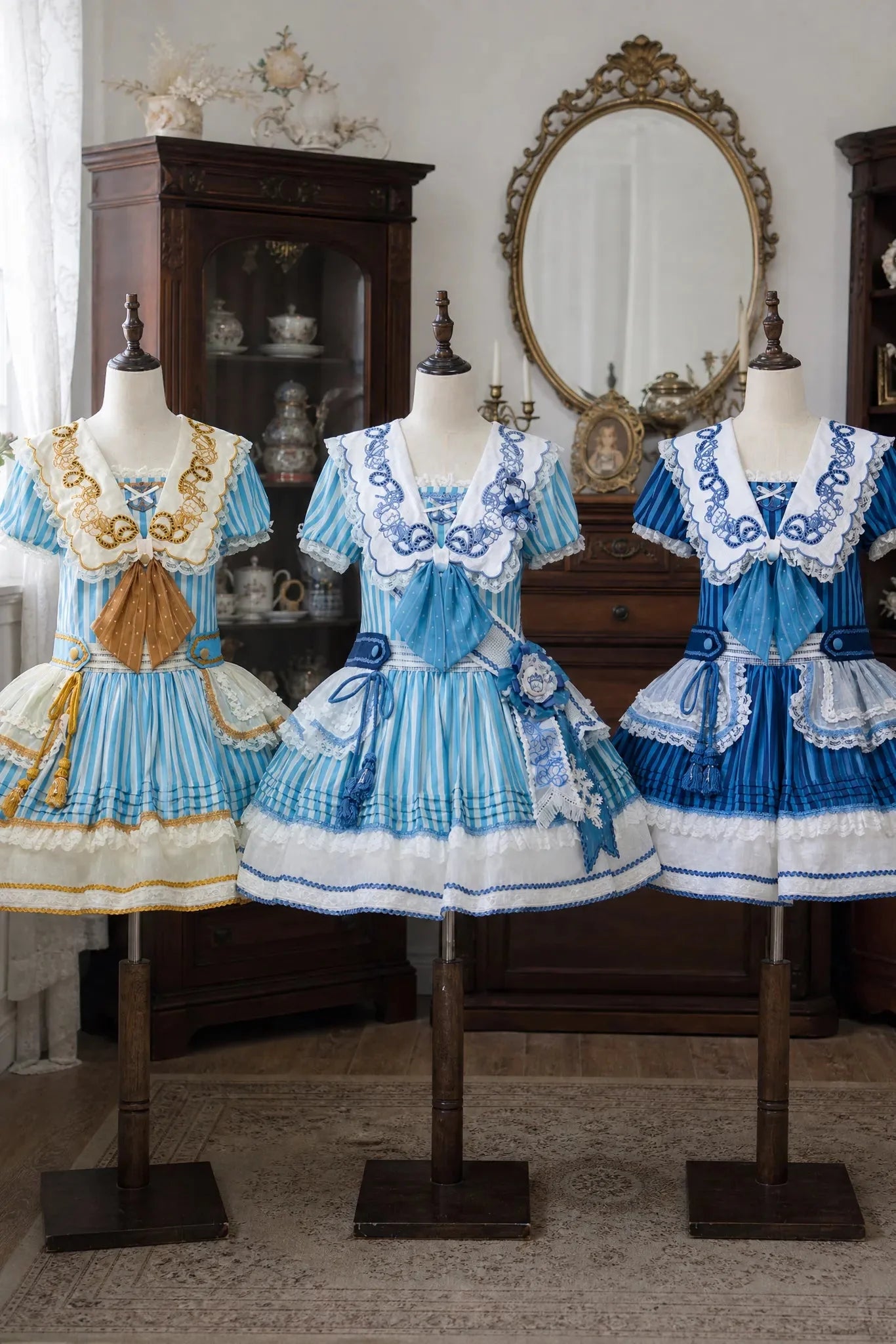 Antique Sailor Bear Blue Stripe Low Waist Lolita OP Dress - image 2