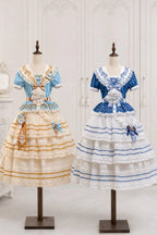 Antique Sailor Bear Blue Stripe Cropped Top Long Skirt Lolita Set - image 2
