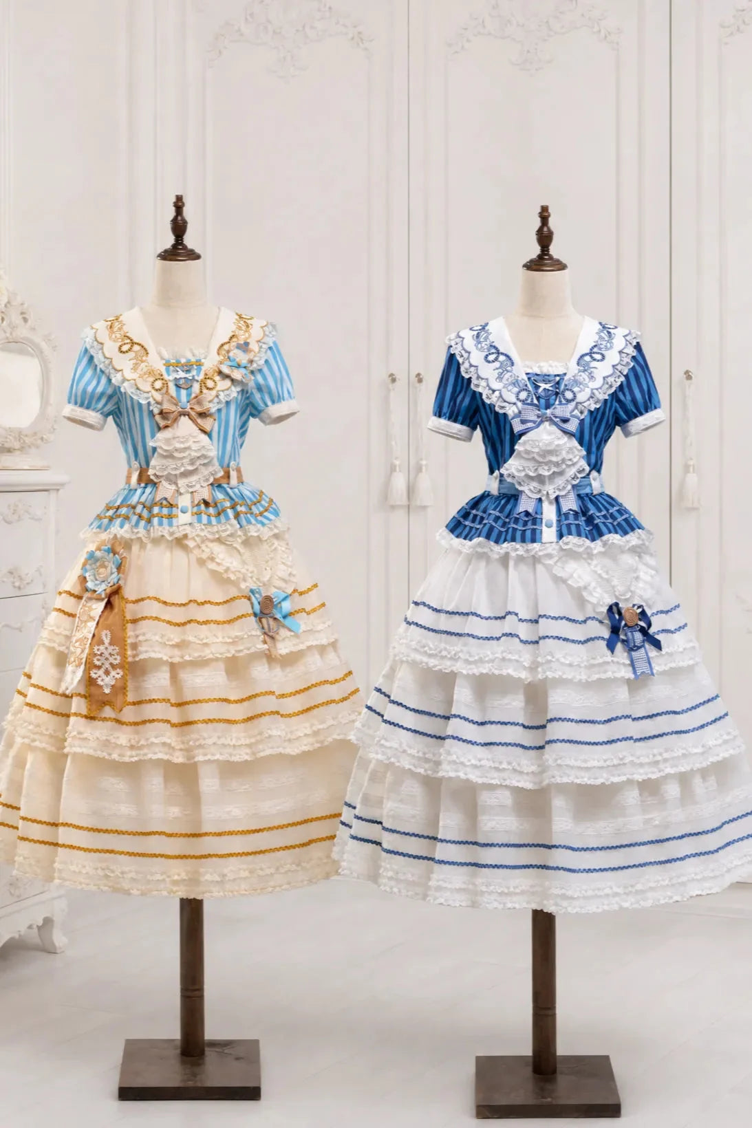 Antique Sailor Bear Blue Stripe Cropped Top Long Skirt Lolita Set - image 2