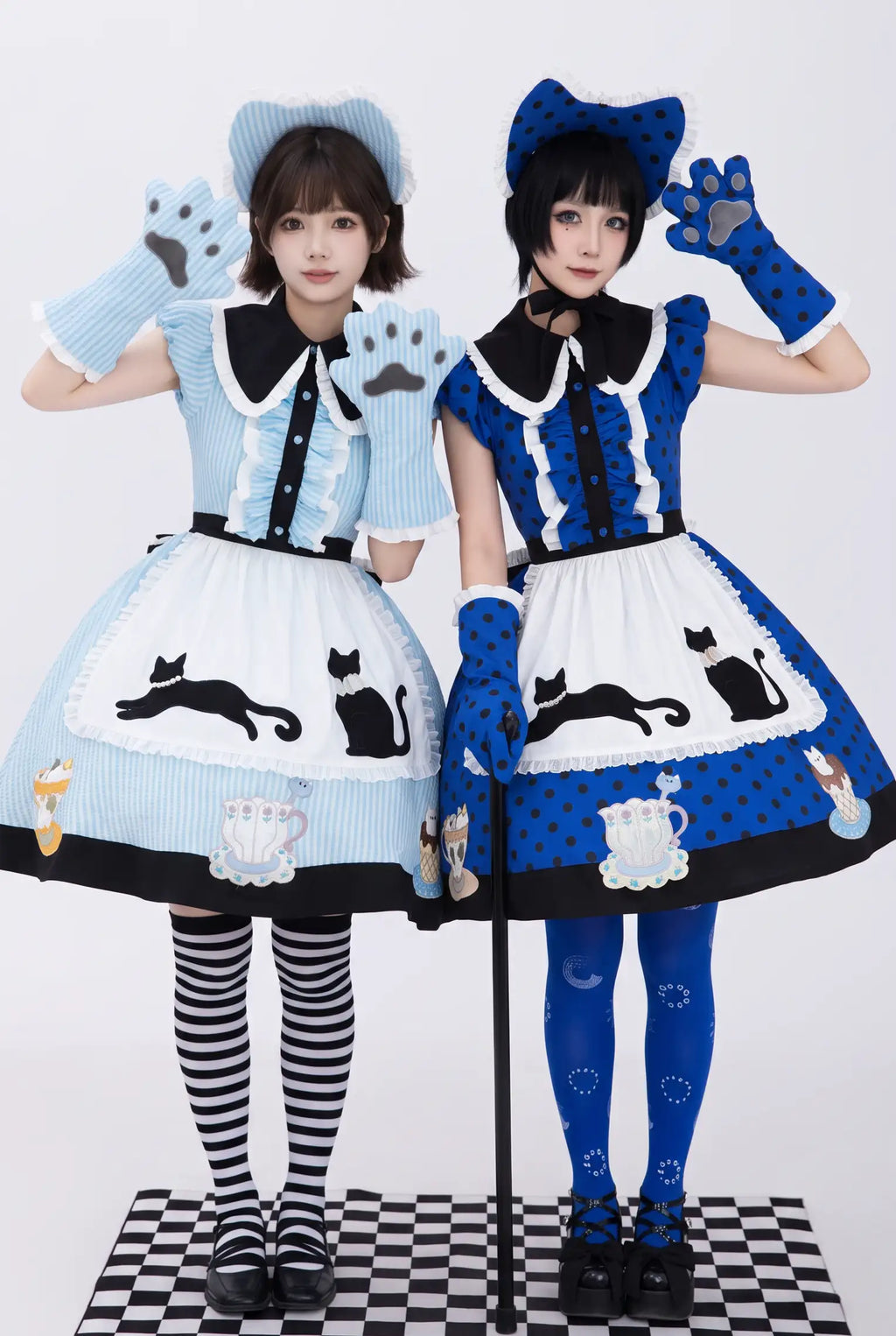 Tea Cup Meow Blue Black Cat Ear Alice Apron Sweet Lolita OP Dress - image 1