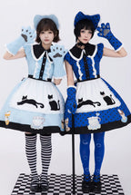 Tea Cup Meow Blue Black Cat Ear Alice Apron Sweet Lolita OP Dress - image 1