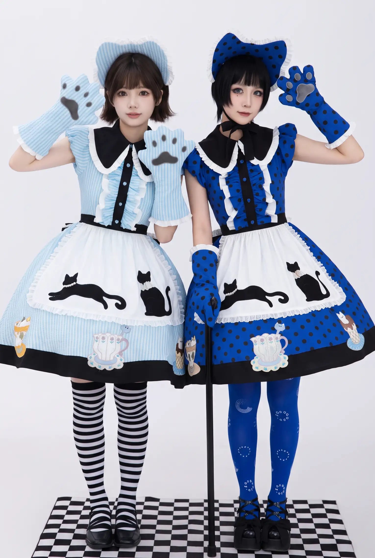 Tea Cup Meow Blue Black Cat Ear Alice Apron Sweet Lolita OP Dress - image 1