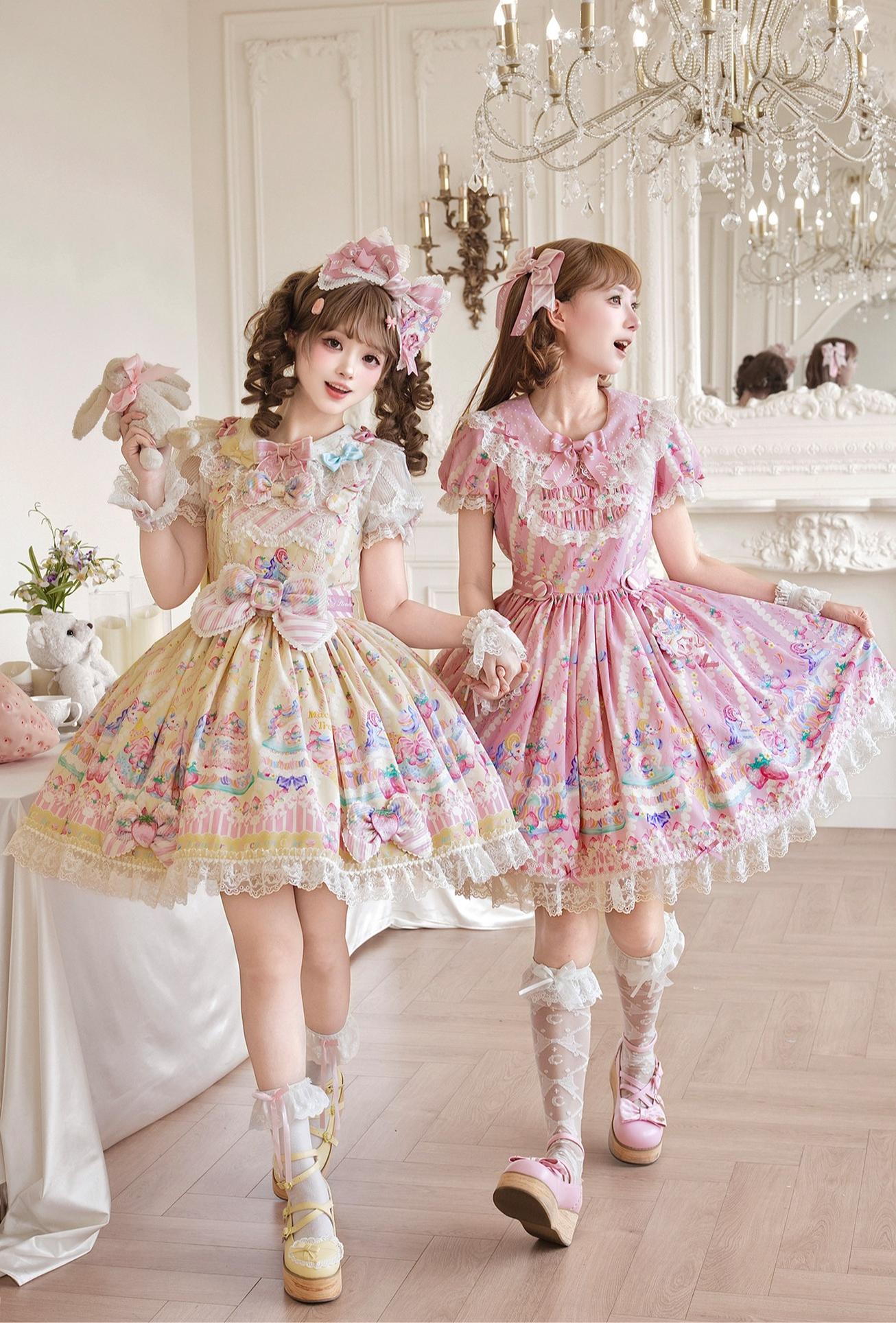 Macaron - Printed Sweet Lolita OP Dress and Old School JSK - image 6