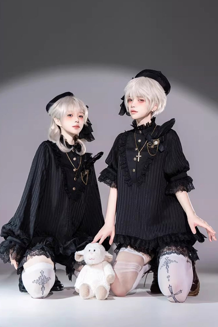 Black Gothic Ouji Lolita Top, Shorts and Scarf Set in 2 Sleeve Versions - image 8