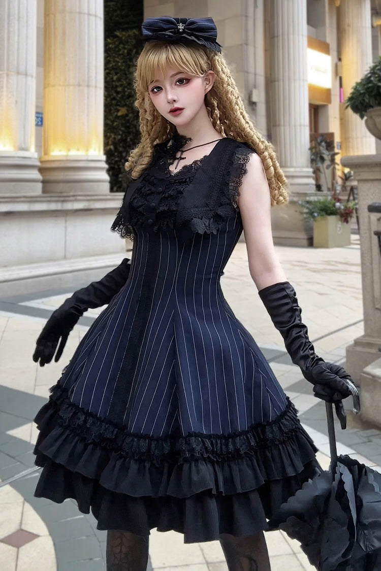 Escape - Double-Layered Jacquard Striped Printed Ruffled Slim Gothic Lolita JSK Dress 3 Colors - image 11