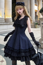 Escape - Double-Layered Jacquard Striped Printed Ruffled Slim Gothic Lolita JSK Dress 3 Colors - image 11