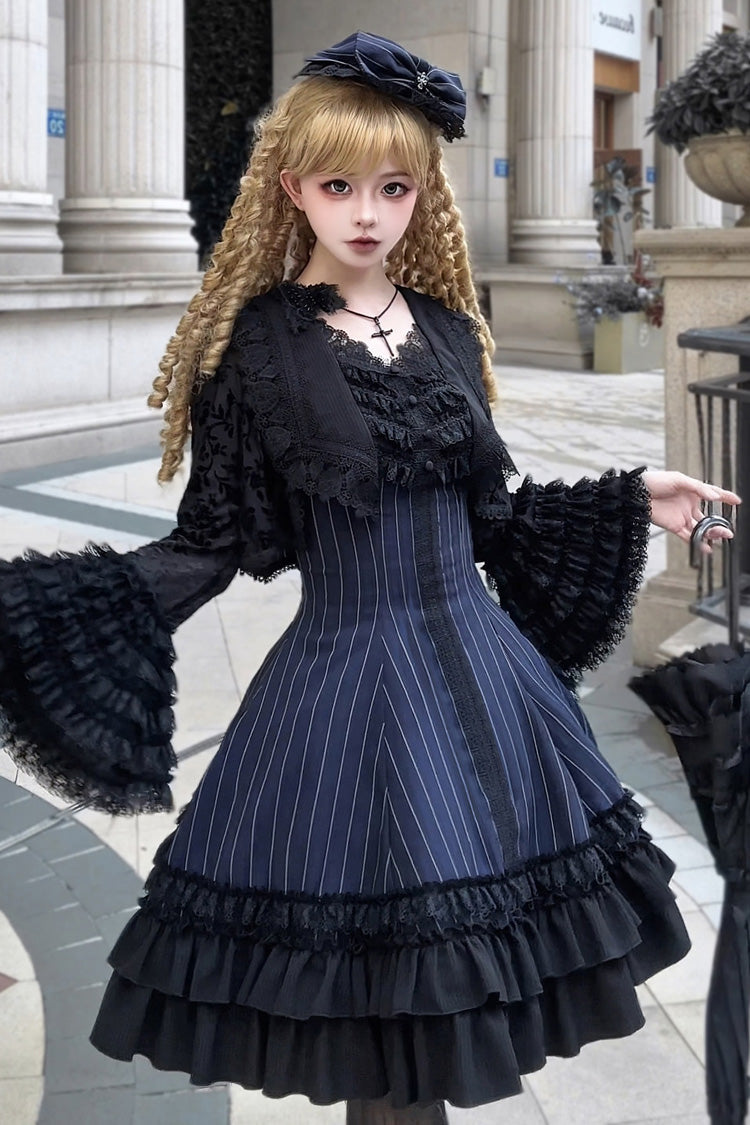 Escape - Double-Layered Jacquard Striped Printed Ruffled Slim Gothic Lolita JSK Dress 3 Colors - image 10