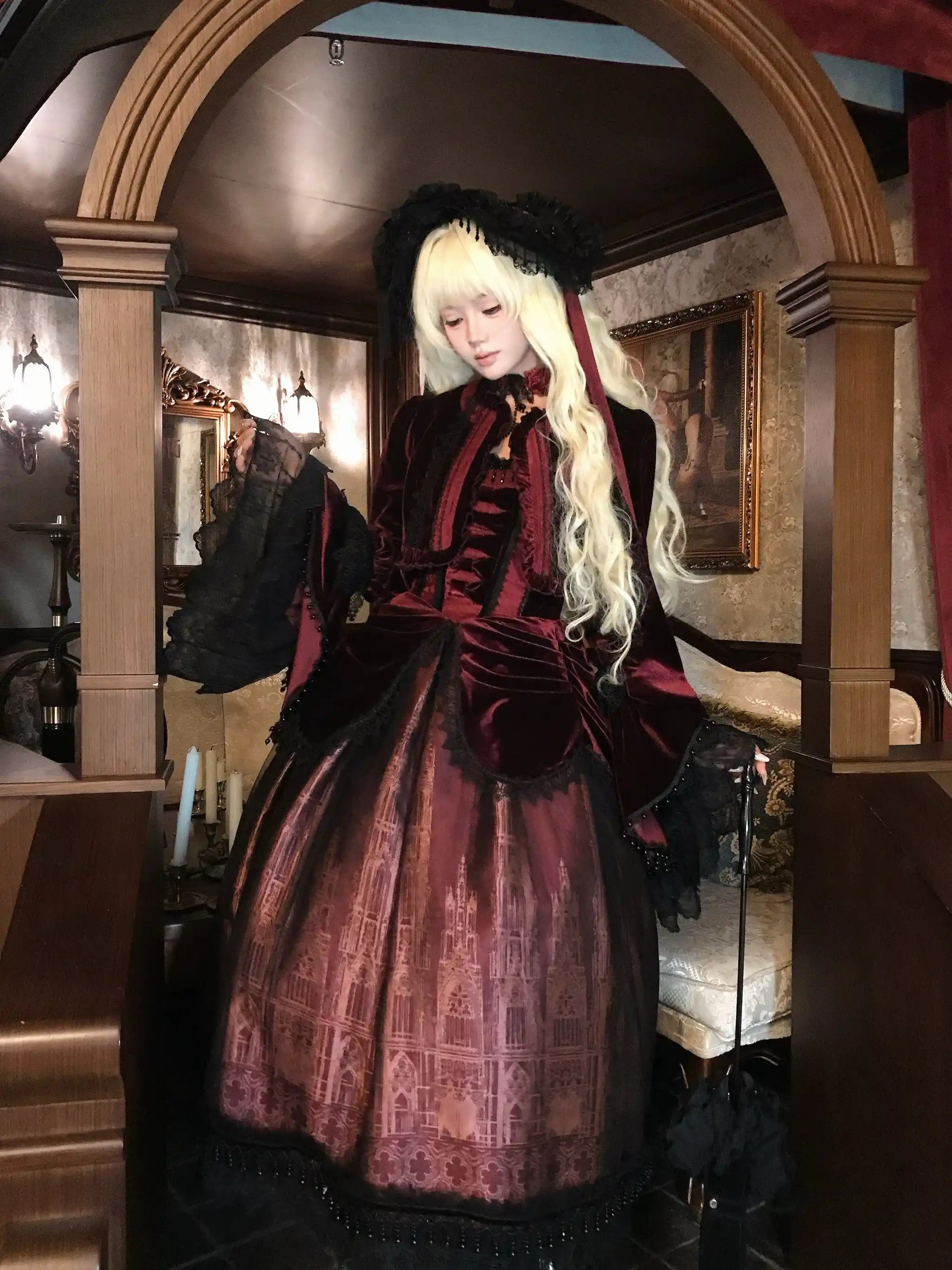 Gothic Cathedral Velvet Lace Corset Lolita JSK and Jacket Set - image 15