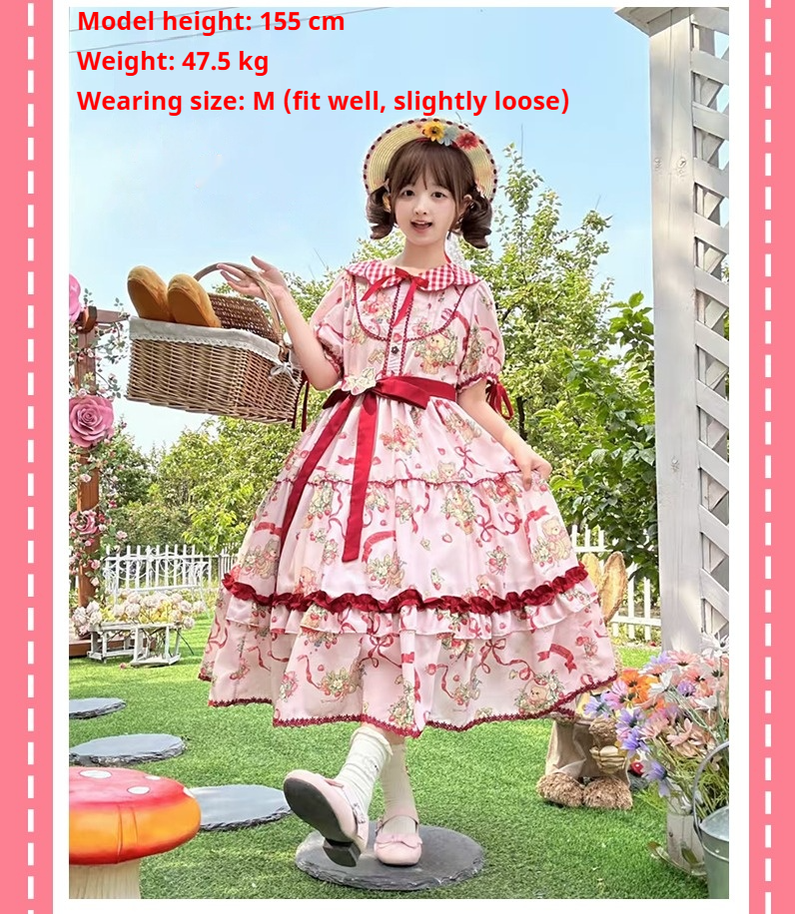 The Bear's Strawberry Field - Daily Lolita OP Dress With Petal Collar & Bear Strawberry Print and Accessories - image 9