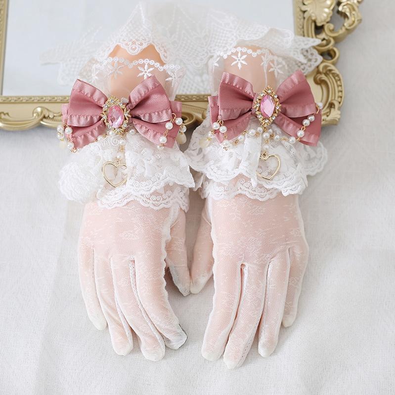Vintage Lolita Lace Gloves with Bow and Bead Chain - image 3
