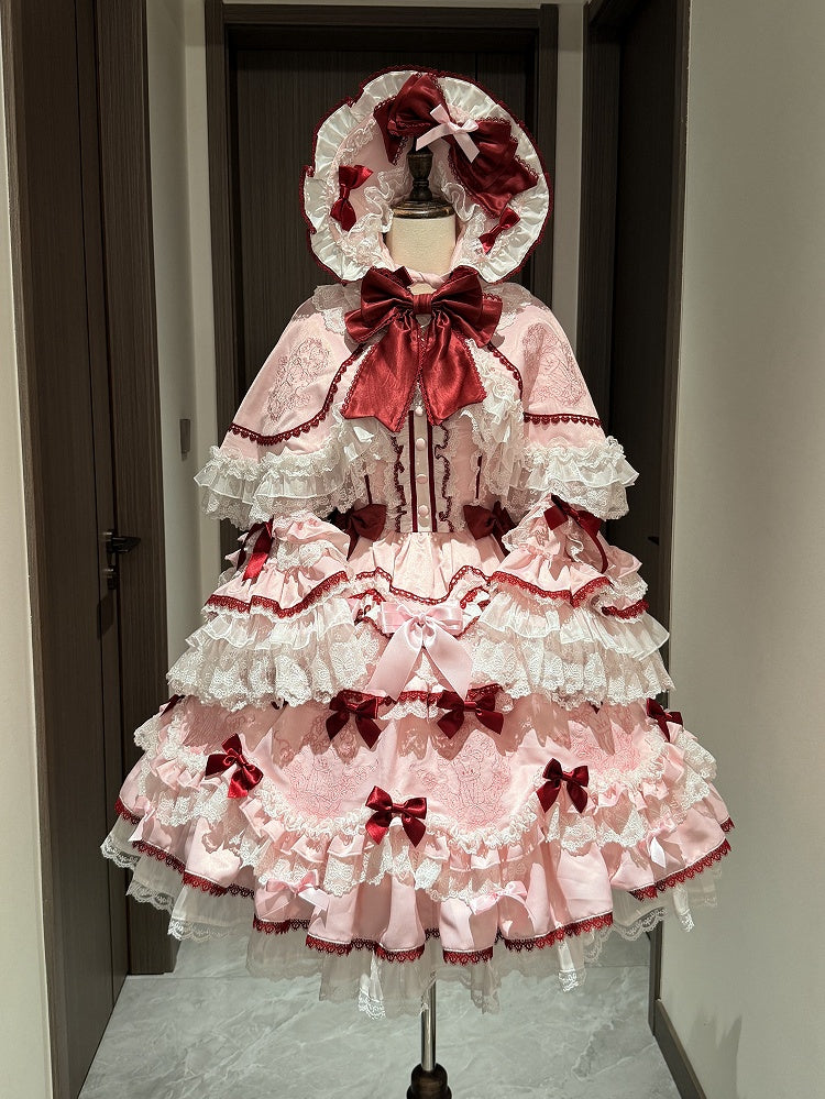 Teddy and Strawberry Embroidery Pink Sweet Lolita OP Dress Full Set - image 2