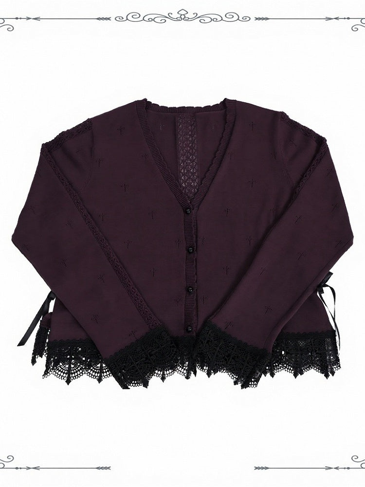 Scalloped Eyelet Trim Cardigan in Black and Purple - iris de nuit - image 2
