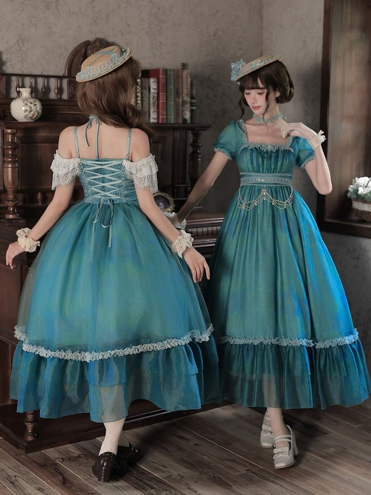 Teal Flutter-Sleeve Lolita JSK with Lace-Up Back and Tiered Skirt - image 4