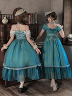Teal Flutter-Sleeve Lolita JSK with Lace-Up Back and Tiered Skirt - image 4