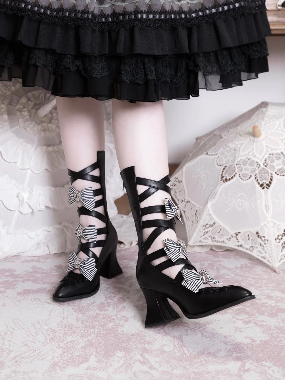 Moon Crow - Gothic Lace-Up Half-Cutout Boots - image 10