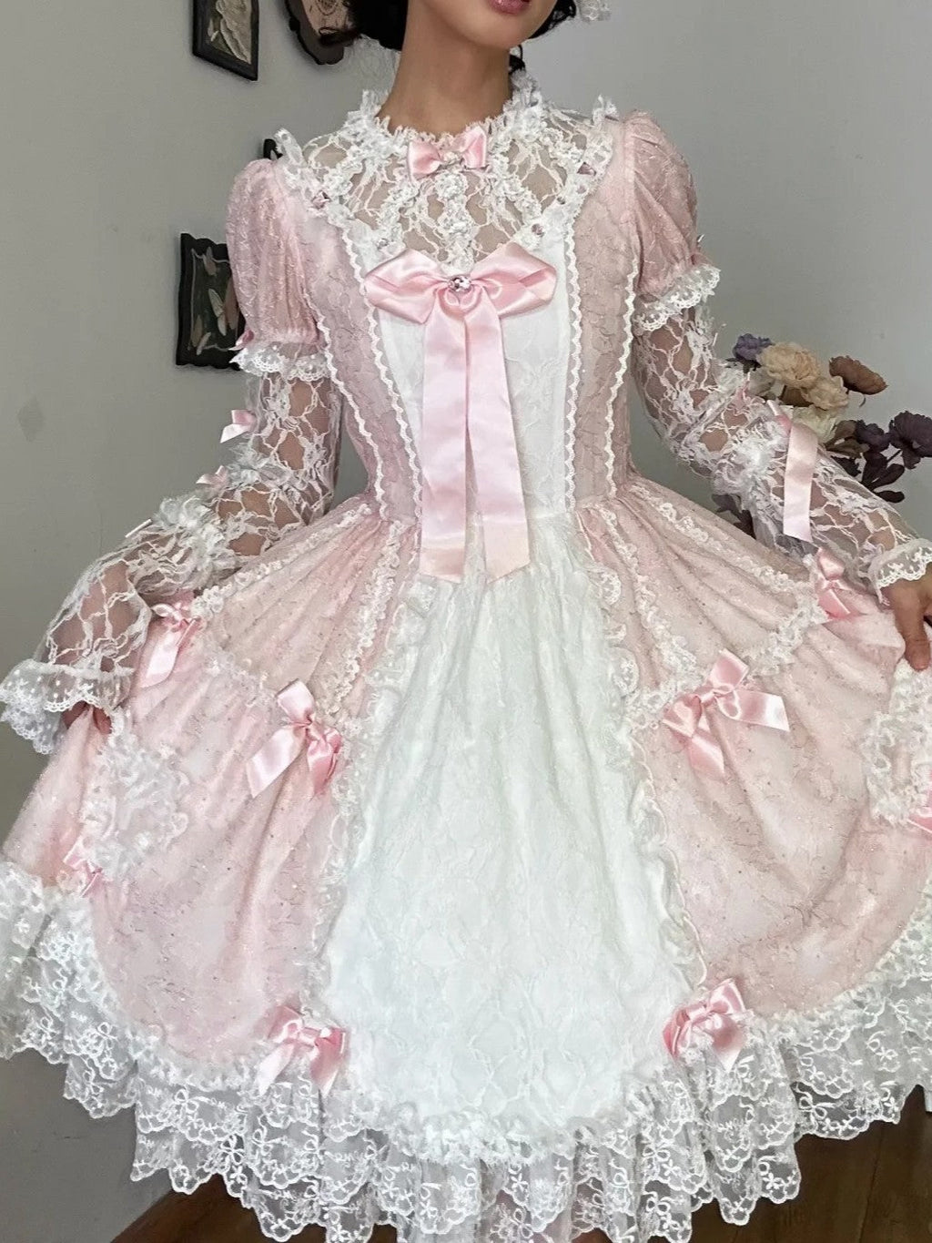 Lacy Doll - Pink Rhinestone Lace Lolita OP Dress and Accessories - image 4