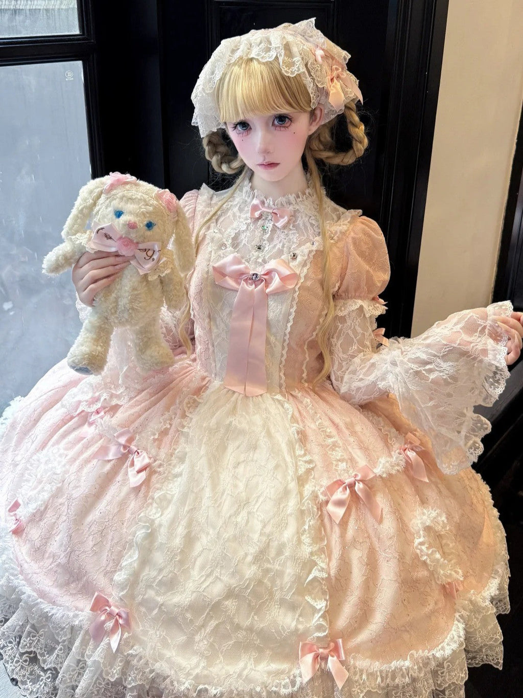 Lacy Doll - Pink Rhinestone Lace Lolita OP Dress and Accessories - image 8