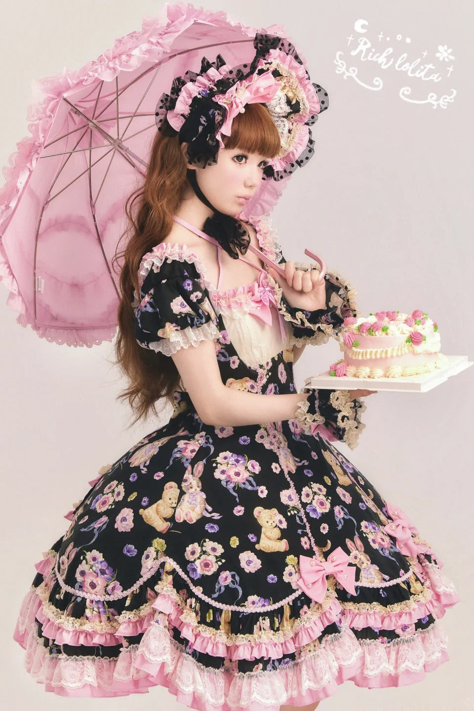 Be My Sweetheart Bear Bunny Floral Print Fitted Sweet Lolita OP Dress - image 1