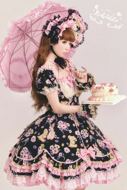 Be My Sweetheart Bear Bunny Floral Print Fitted Sweet Lolita OP Dress - image 1