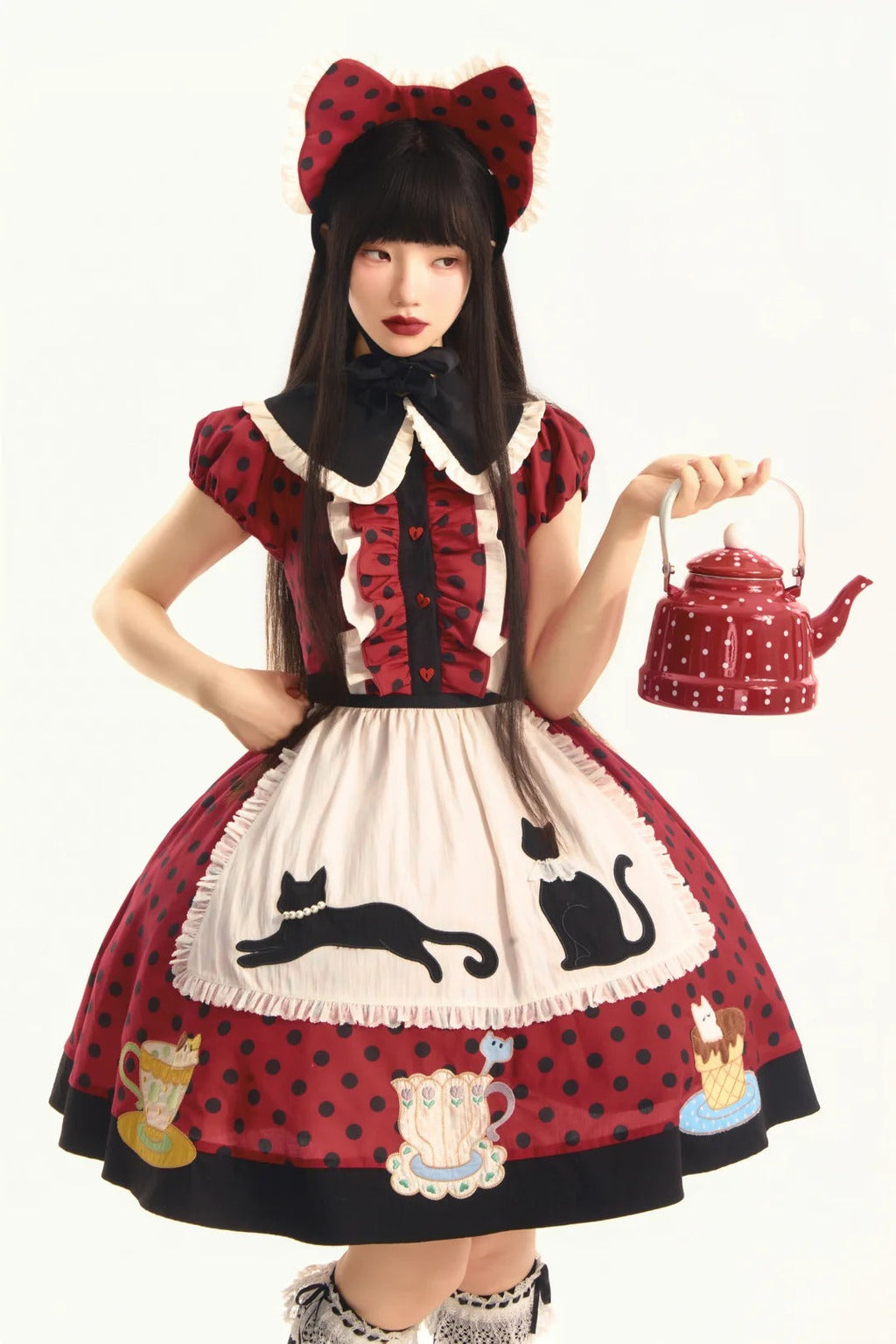 Teacup Cat - Vintage Polka-Dot Lolita OP Set - image 1
