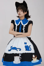 Tea Cup Meow Blue Black Cat Ear Alice Apron Sweet Lolita OP Dress - image 15
