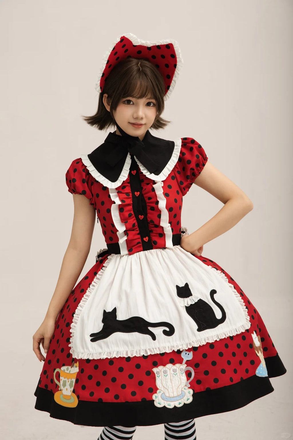 Teacup Cat - Vintage Polka-Dot Lolita OP Set - image 4