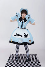 Tea Cup Meow Blue Black Cat Ear Alice Apron Sweet Lolita OP Dress - image 7
