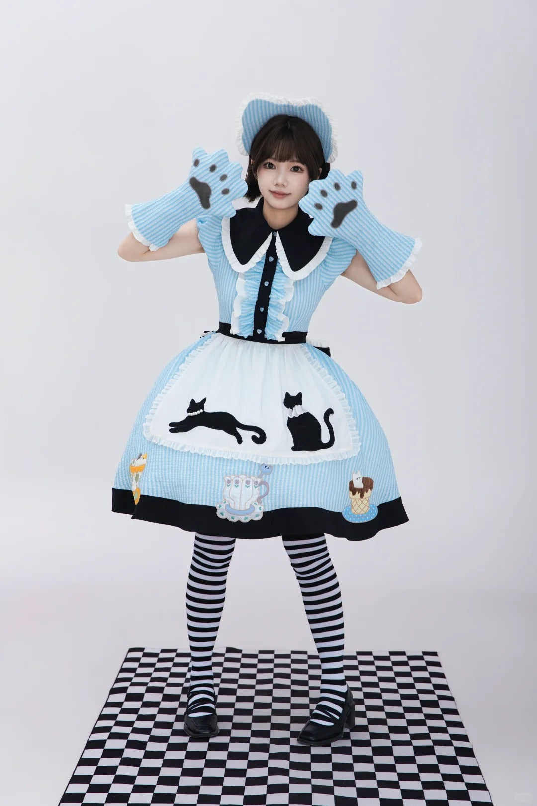Tea Cup Meow Blue Black Cat Ear Alice Apron Sweet Lolita OP Dress - image 7