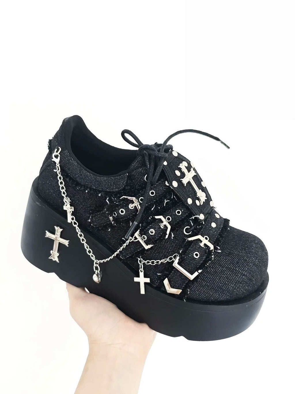 Dark Night Corridor - Punk Lolita Denim Low Platform Shoes - image 8