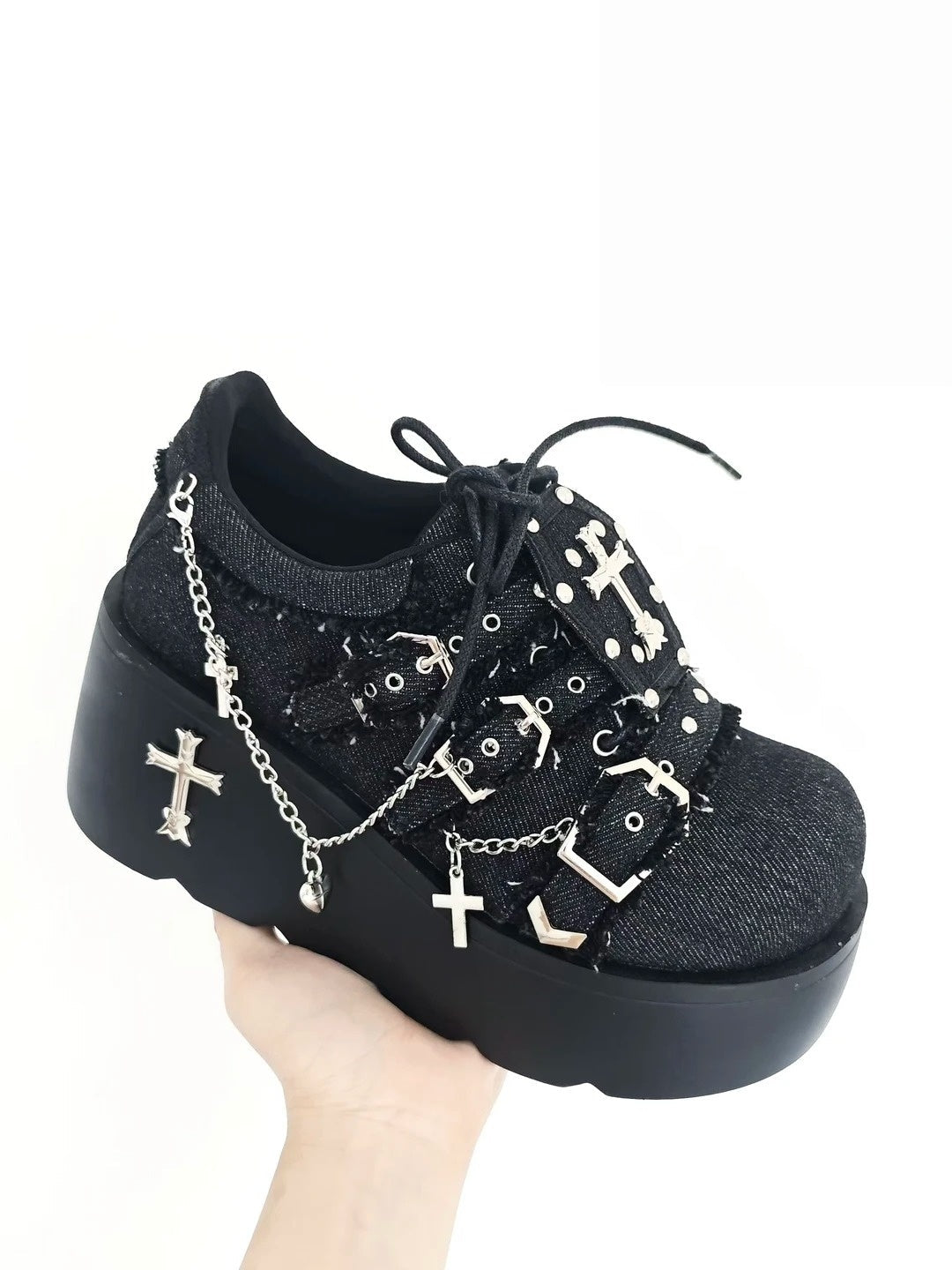 Dark Night Corridor - Punk Lolita Denim Low Platform Shoes - image 8