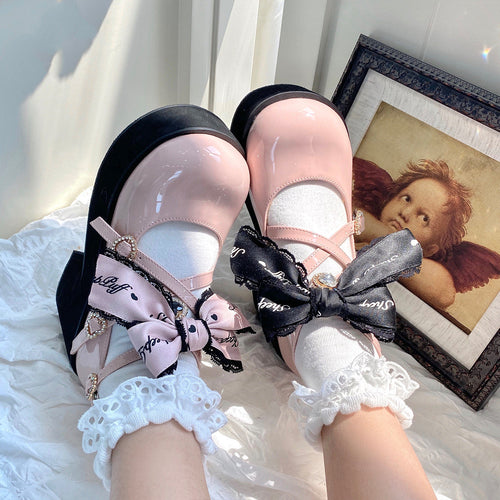 Black Pink Japanese Lolita Thick Heel Shoes - image 1