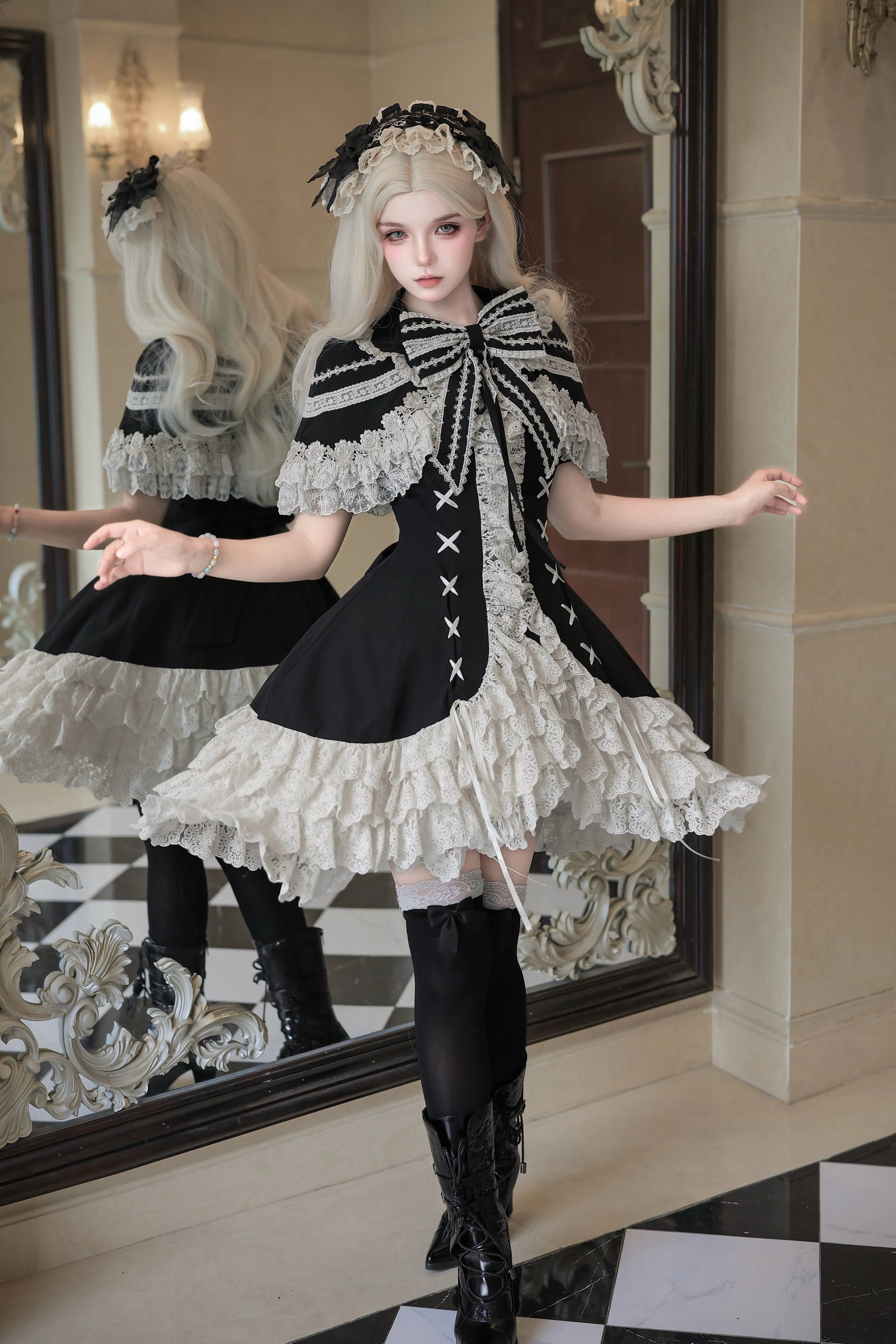 Silver Butterfly Amber - Black Gothic Lolita OP Full Set - image 3