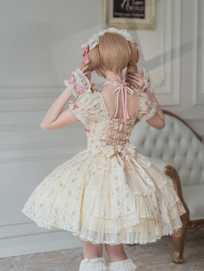 Garden Encounter of Three Springs - Cotton Old School Lolita Floral Print OP, Lace Back Opening and Accessories - image 8