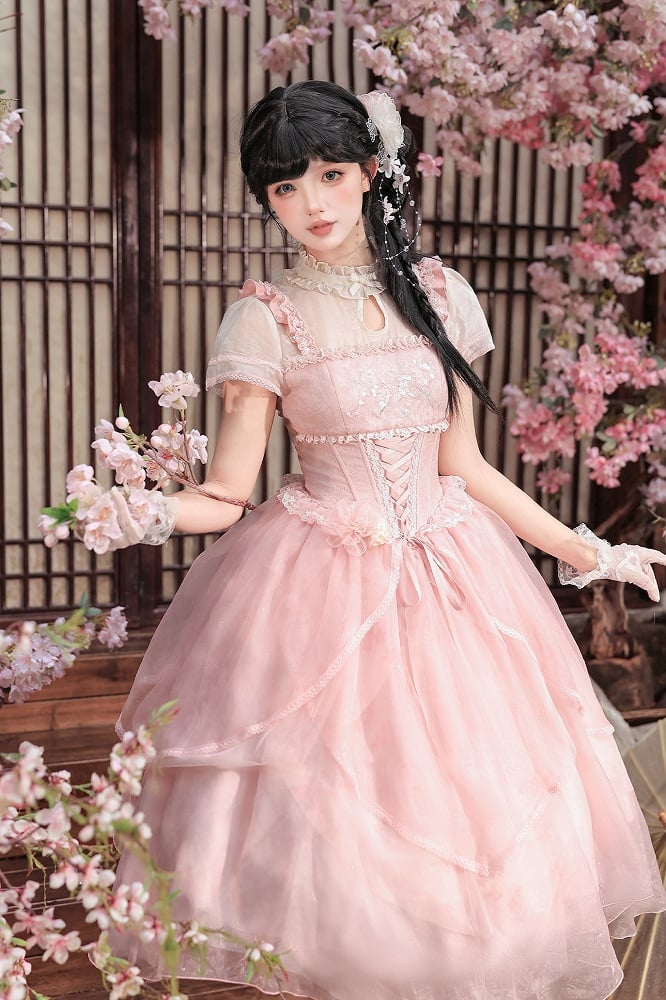 Pink Peach Blossom Chinoiserie Lolita OP Dress and Flower Hairclips Set - image 6