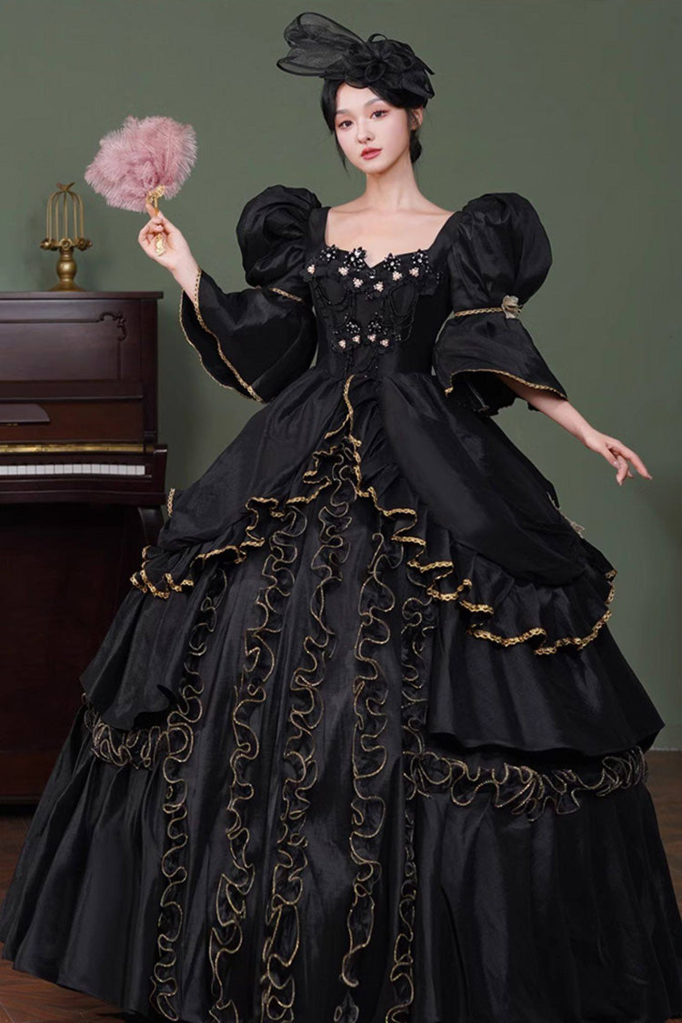 Black Gothic Victorian Lolita OP Dress with Trumpet Sleeves - image 1
