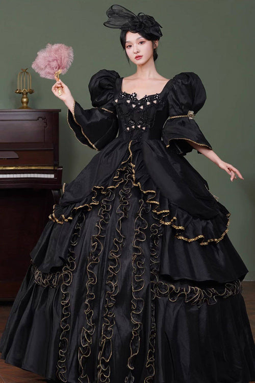 Black Gothic Victorian Lolita OP Dress with Trumpet Sleeves - image 1