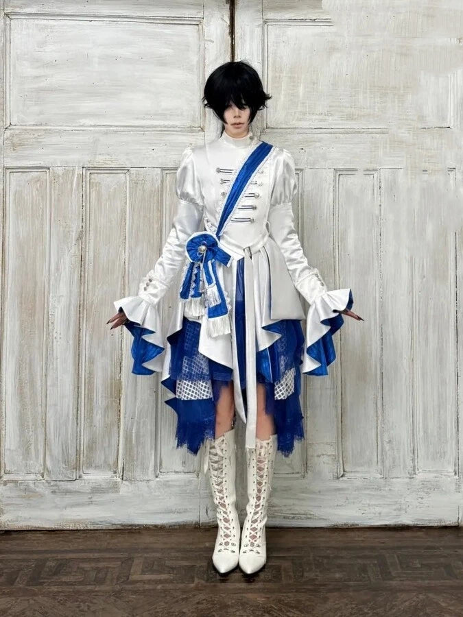 White and Blue Military Lolita Knight Top and Layered Skirt Set - image 1