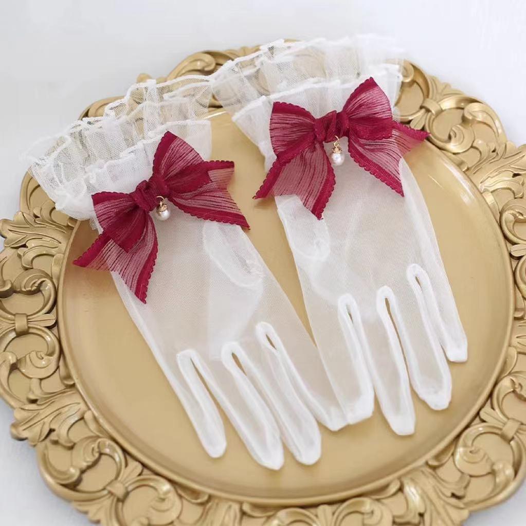 Elegant Lolita Bow Gloves, Retro Lace Glove - image 1