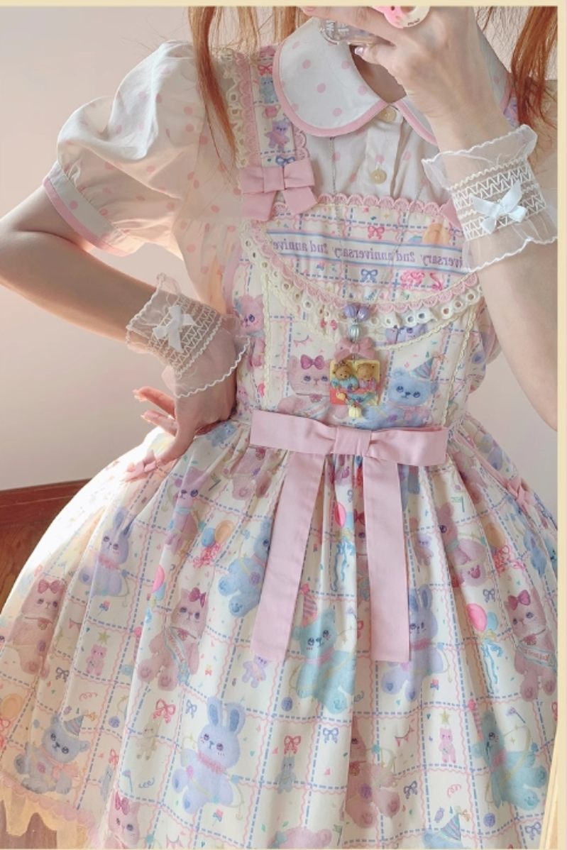 Starry Pudding Bear - Sweet Lolita JSK and Printed OP Dress - image 7