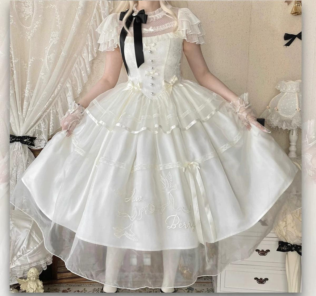 White Bird Love Letter - Classic Lolita Jacquard OP Dress, Embroidered Tulle Hem and Accessories - image 13