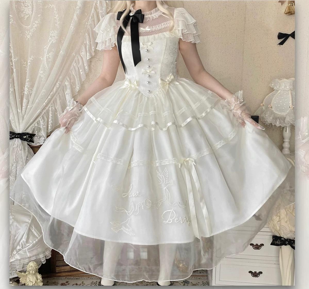 White Bird Love Letter - Classic Lolita Jacquard OP Dress, Embroidered Tulle Hem and Accessories - image 13
