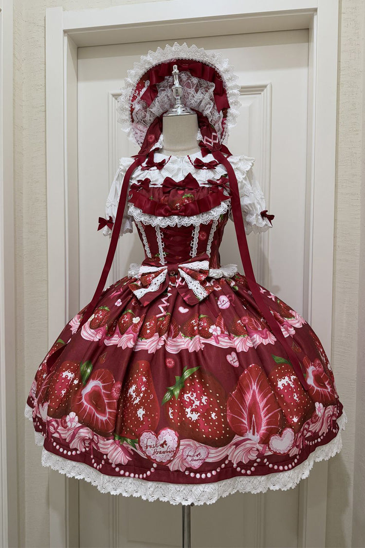 Sweet Berry Tale Strawberry Print Ruffle Bowknot Lace Sweet Lolita JSK Dress - image 3