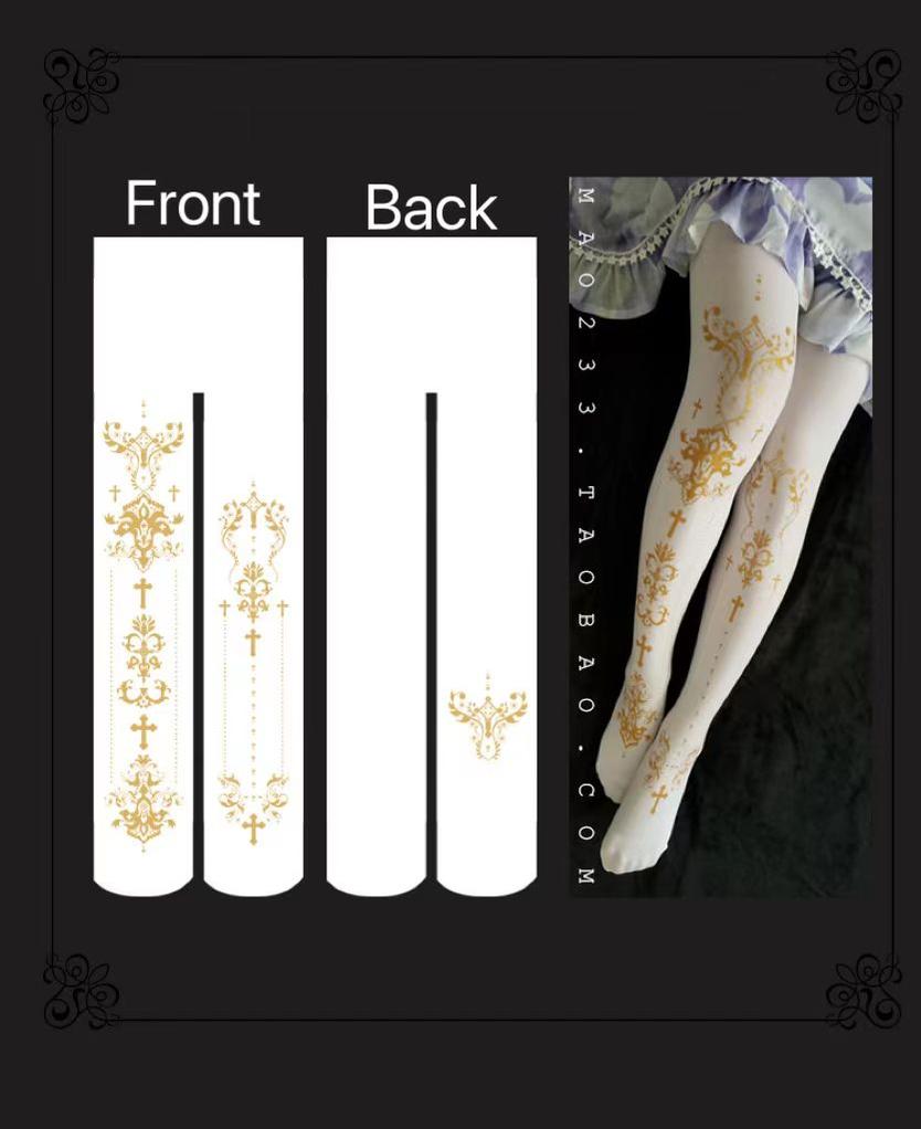 Elegant Lolita Gold Foil Printed Tights - image 2