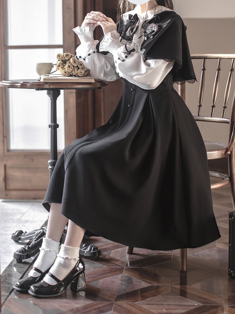 Vintage Black and White Classic Lolita Dress with Detachable Cape - image 4