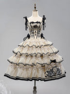 Beige and Black Swan-Embroidered Ruffled Classic Lolita JSK - image 3